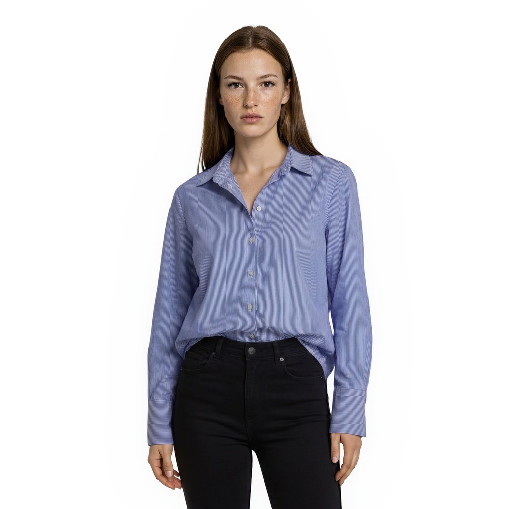 Ann Taylor Factory Blue Pinstripe Shirt Women's Size XS‎ Cotton Stretch Blouse
